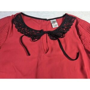 Disney x LC Lauren Conrad Blouse Small Burgundy Red Black Lace Collar Tie Neck
